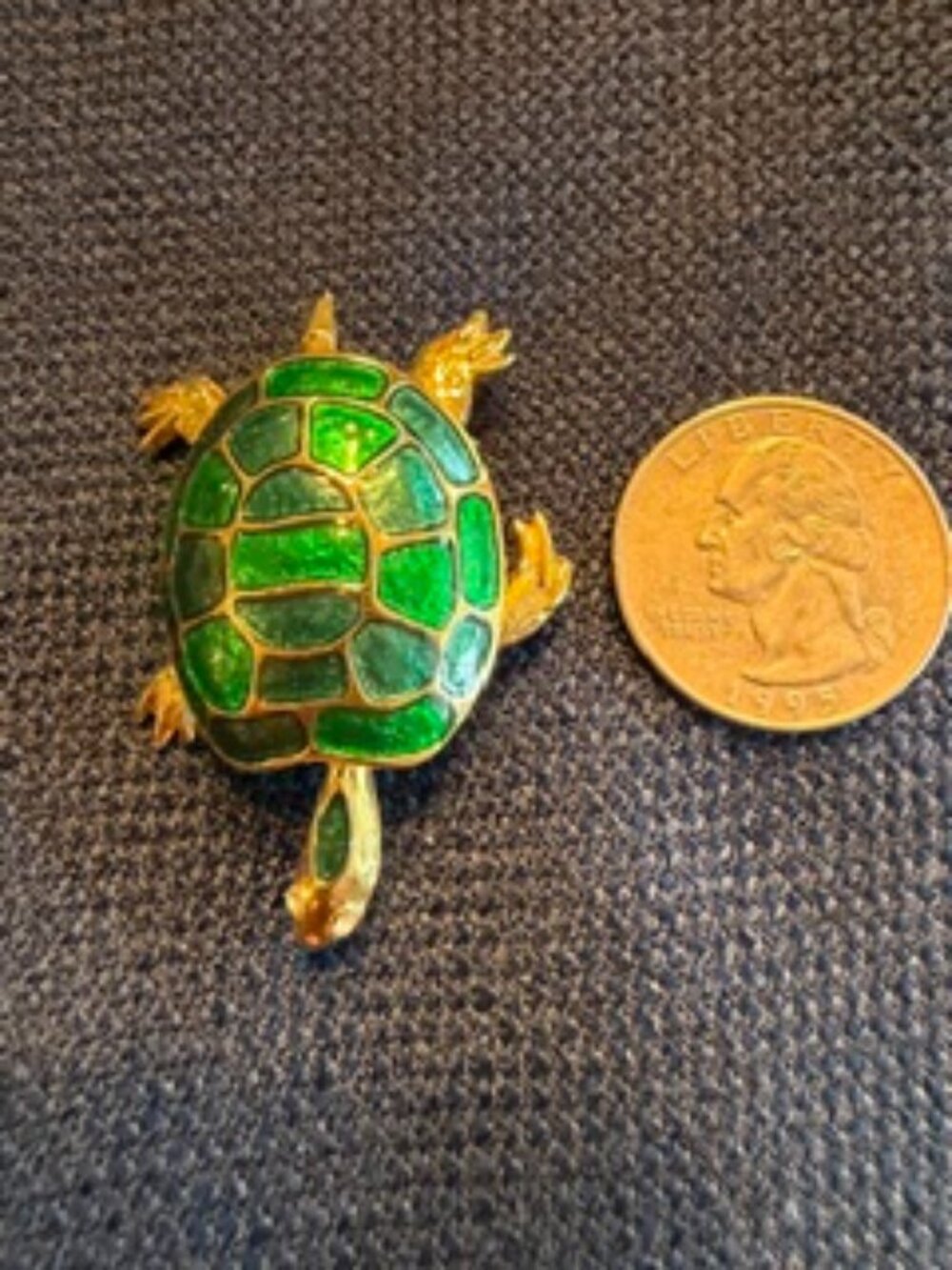 Vintage Gold-toned Turtle Brooch with Translucent green enamel.